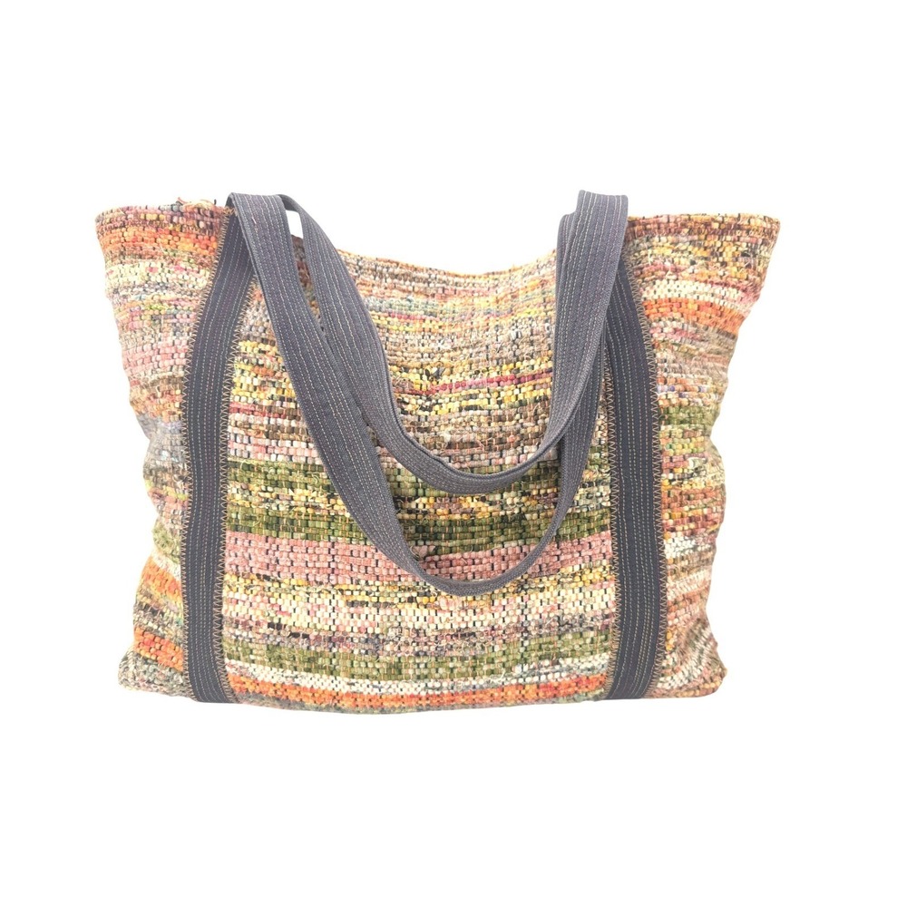 Large Woven Multicolor Striped Rag Rug Tote Bag Boho Canvas Straps‎ Beach Market